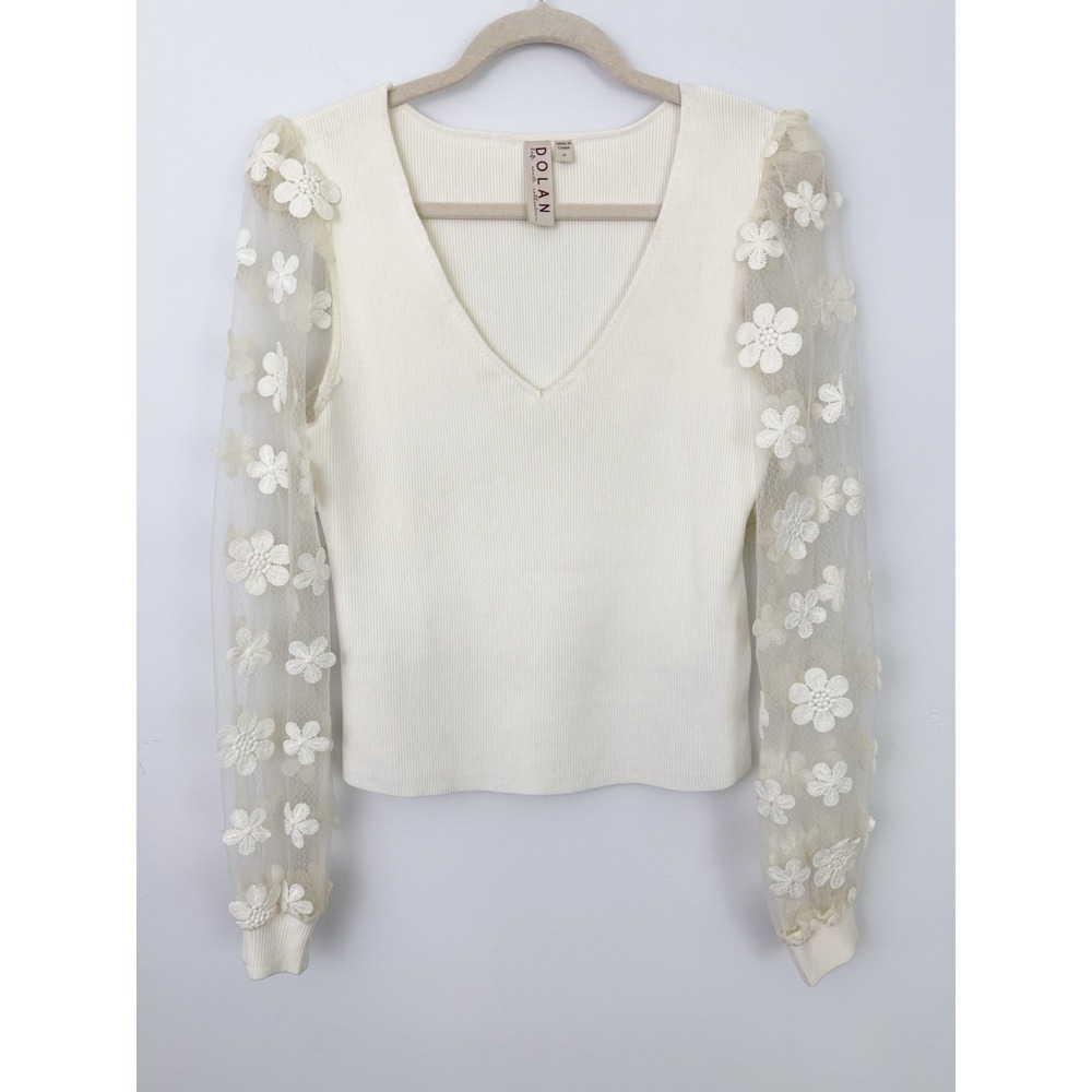 DOLAN Sheer Sleeve Applique SWEATER Top M Anthropologie 3D Cream Feminine Fairy - Picture 2 of 15